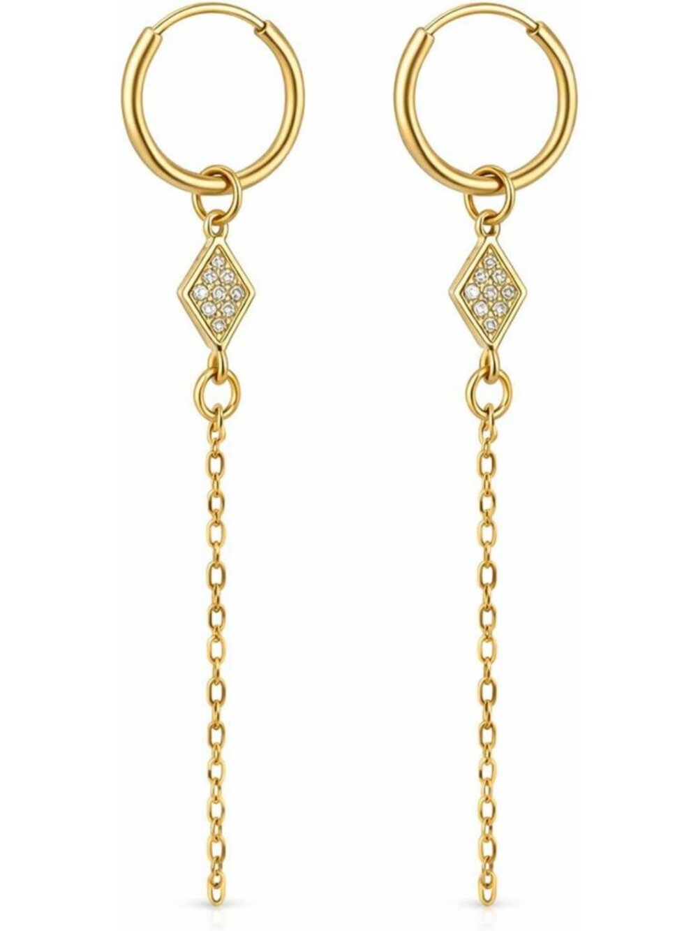 Gold Filled Silver Hoop Earrings, Chain & Diamond Drop Dangle Jewelry, Chic